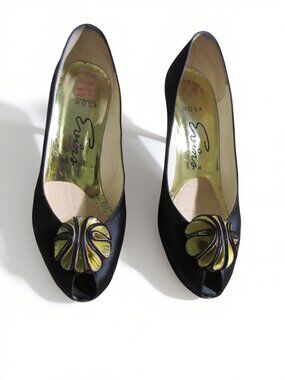 David Evins Italy Black Satin Heels | Gold Rosette Peep Toe 3" Pump Size 7